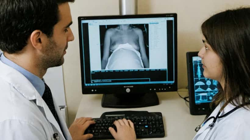 Gynécologue en consultation avec un couple discutant de fertilité dans un cabinet médical parisien
