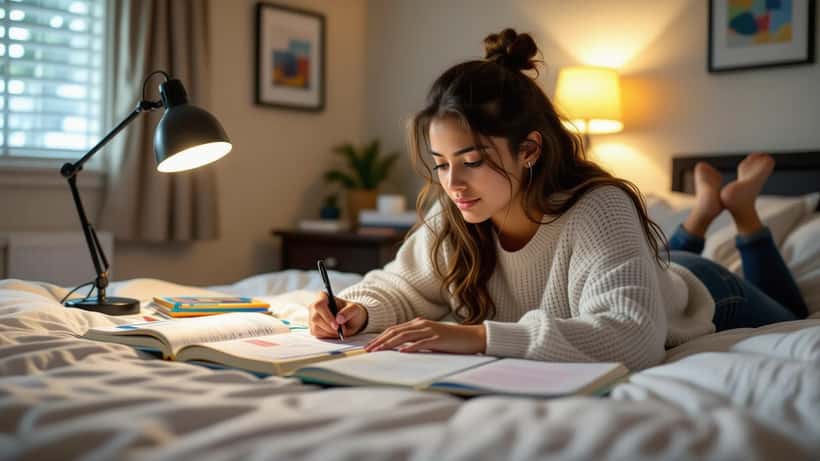 Estudiante latino estudiando con método kaizen en escritorio organizado, inspirado por la disciplina de la selección japonesa en el Mundial 2026