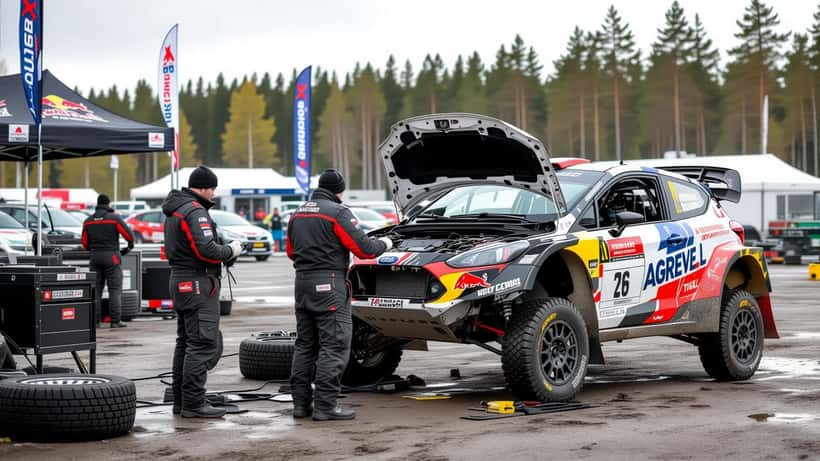 Sorateiden ralliauto tunkkien päällä huoltoparkissa, mekaanikot tarkastavat vaurioita