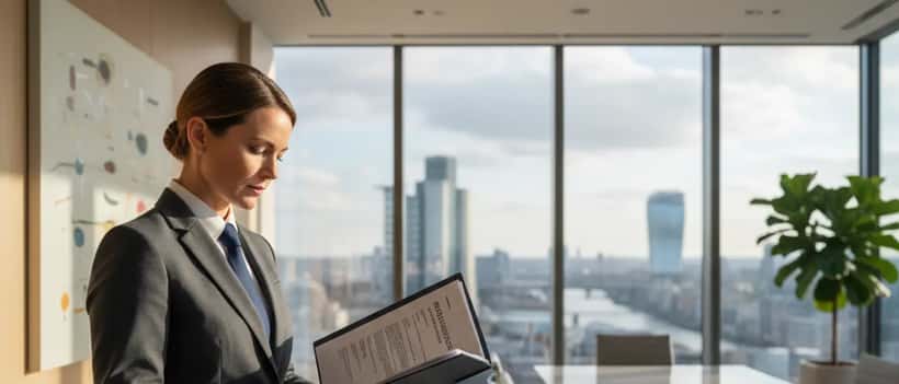 British lawyer reviewing an entertainment performance contract in a modern London office
