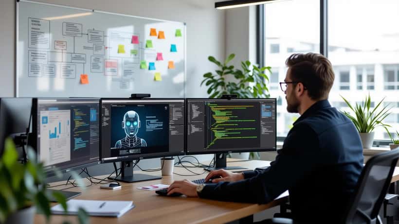 IT consultant reviewing Claude AI Sonnet 5 deployment plan on multiple screens in a modern San Francisco office