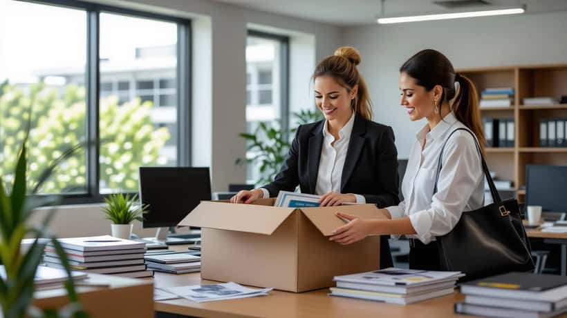 Australian woman packing belongings from a university office desk after redundancy