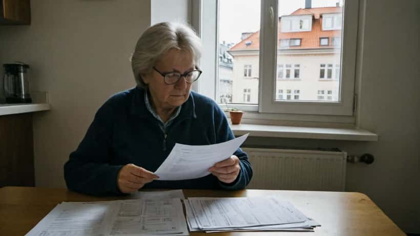 Äldre kvinna i Stockholm som granskar sin pensionsutbetalning vid köksbordet