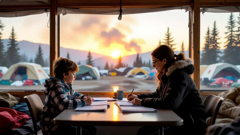 Enfant évacué faisant ses devoirs avec un tuteur dans un centre d'hébergement d'urgence lors des feux de forêt de 2026