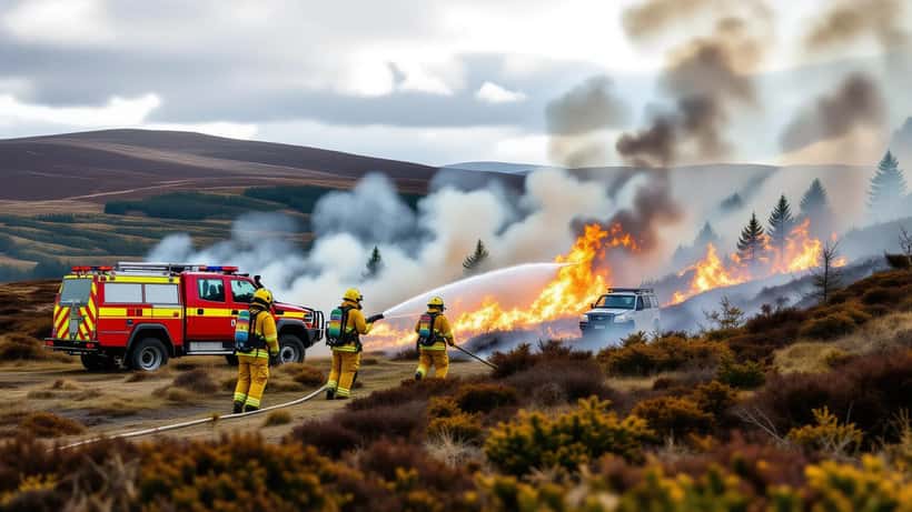 Firefighters tackling a heather wildfire in the Cairngorms National Park, Scotland