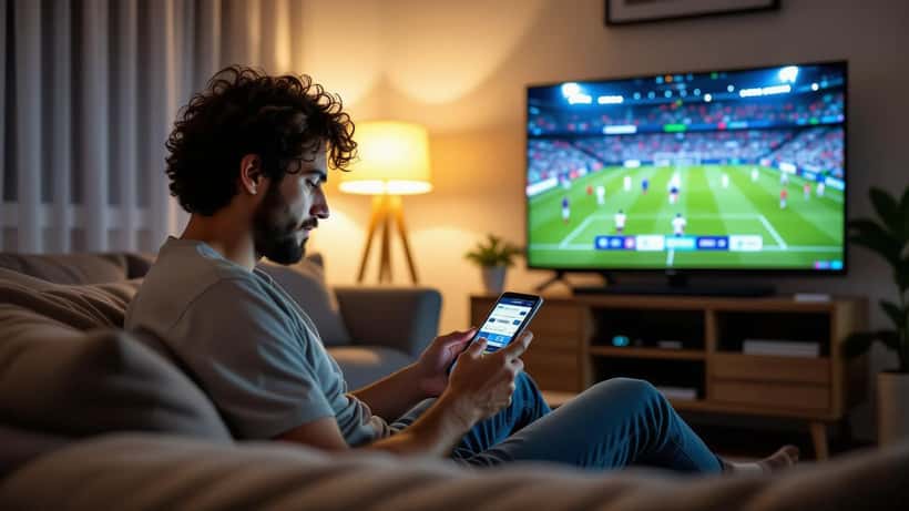 Apostador brasileiro consultando app de apostas esportivas com jogo de futebol europeu ao fundo