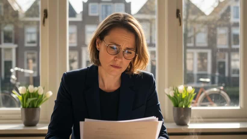 Nederlandse vrouw controleert haar arbeidsovereenkomst aan de keukentafel op Goede Vrijdag