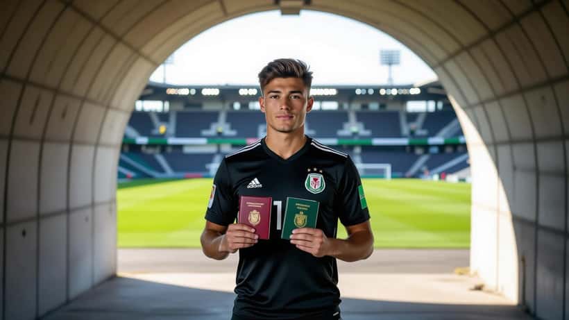 Young footballer in a plain dark kit holding two national passports in a stadium tunnel