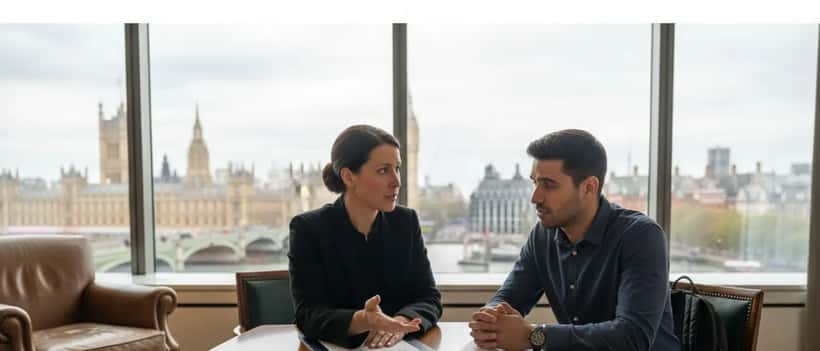 British solicitor advising client about travel consumer rights in professional office