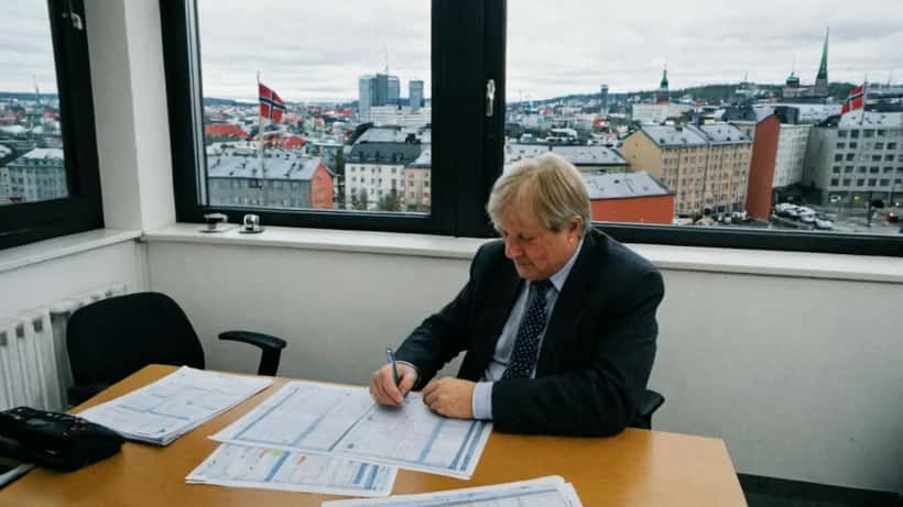 Norsk formuesrådgiver gjennomgår skattemapper og investeringsoversikter på kontorpult i Oslo