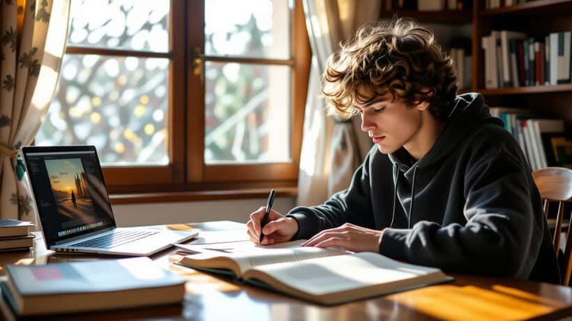 Studente italiano studia l'Odissea di Omero alla scrivania con appunti e libro di testo