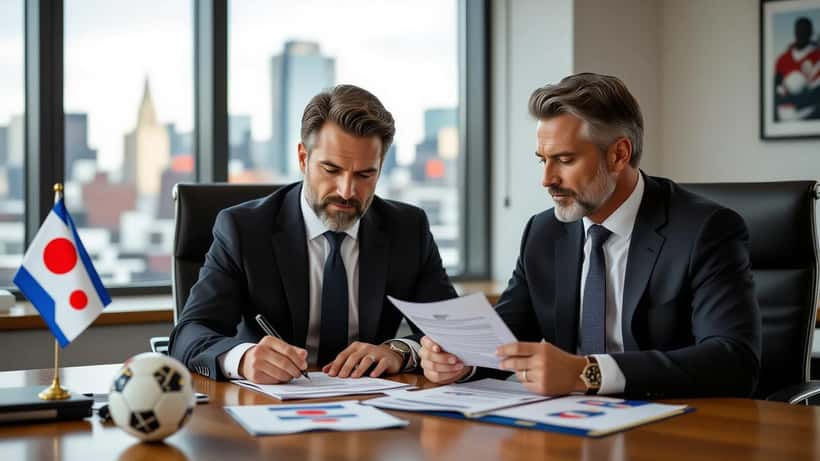 Sports attorney reviewing FIFA eligibility documents and dual passports in a New York City law office