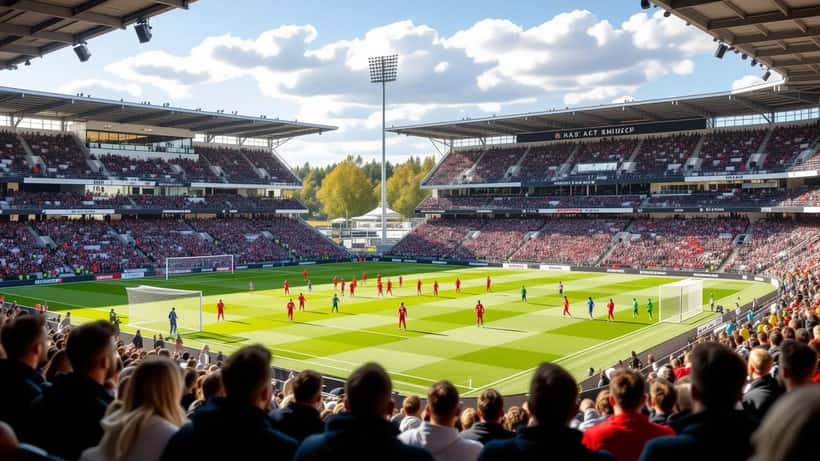 Fotbollsmatch mellan Mjällby och Halmstad i Allsvenskan 2026 med supportrar på läktaren