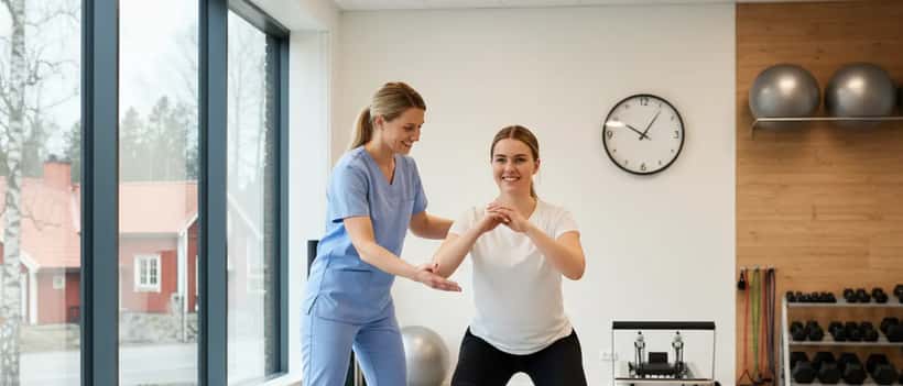 Idrottsfysioterapeut i Stockholm hjälper patient med knärehabilitering efter skidolycka, idrottsmedicinsk klinik