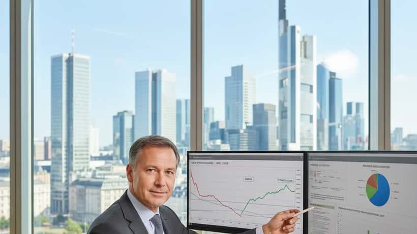 Vermögensberater in Frankfurt überprüft Investmentportfolio mit DAX-Charts auf Monitoren