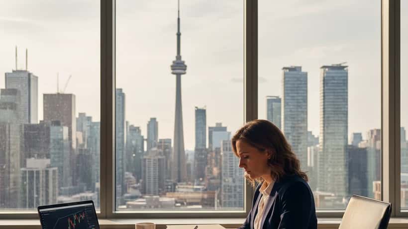Canadian professional woman reviewing financial documents in a Toronto office amid trade war uncertainty