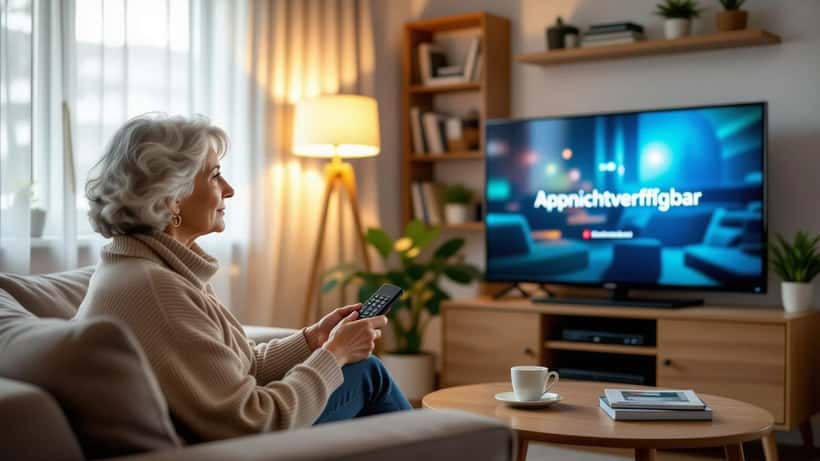 Ältere Frau im Wohnzimmer hält Fernbedienung und schaut auf Smart-TV mit Streaming-Fehlermeldung