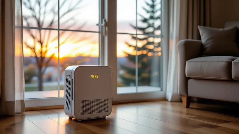Portable HEPA air purifier running in a Pennsylvania living room with hazy wildfire smoke visible through the window