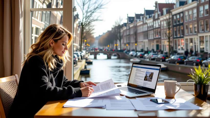 Vrouw bekijkt NPO Start privacyinstellingen op laptop in Nederlandse woning