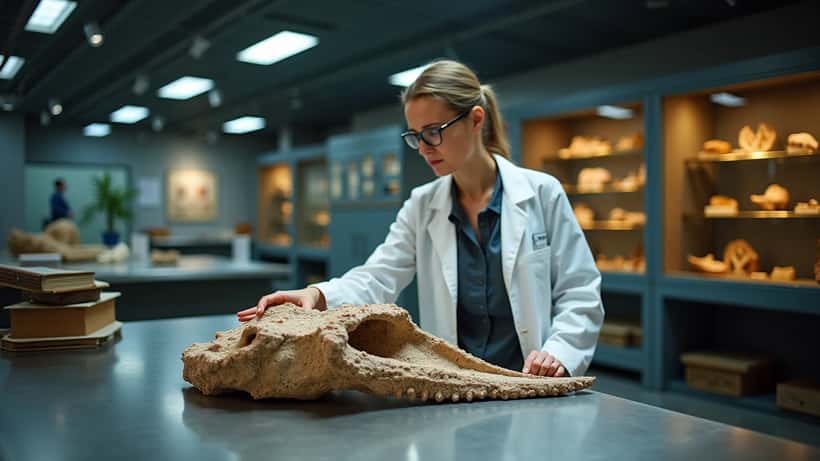 Palaeontologist examining giant prehistoric cephalopod fossil in a museum research lab