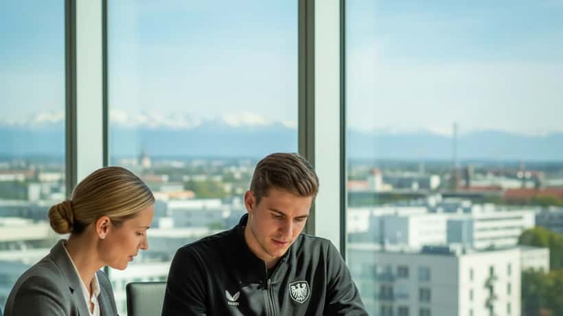 Junger Sportler bespricht Vermögensplanung mit einem Berater in einem modernen Münchner Büro