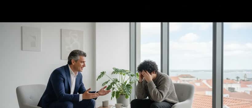 Psicólogo português em consulta com jovem adulto sobre saúde mental e stress, ambiente terapêutico profissional em Lisboa