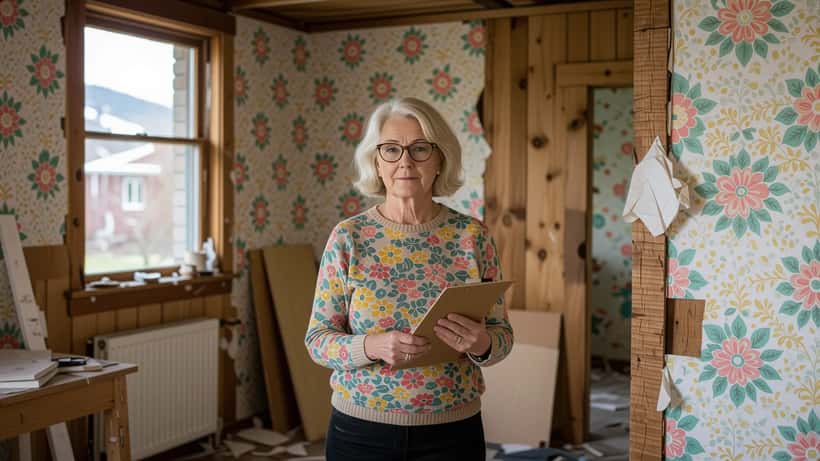 Norsk kvinne inspiserer gammel arvet enebolig under renovering