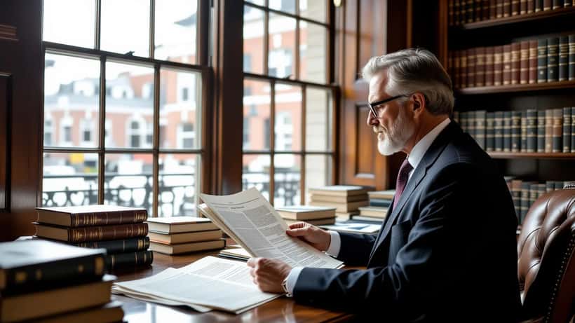 Solicitor examining newspaper columns and legal documents on an oak desk in a London legal office