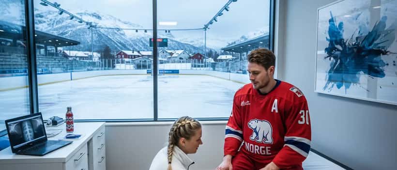 Norsk idrettslege undersøker ishockeyspilder knær i medisinsk klinik