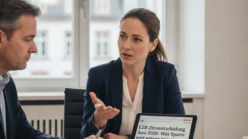 Vermögensberaterin erklärt EZB-Zinsentscheidung an einem Beratungstisch in Frankfurt