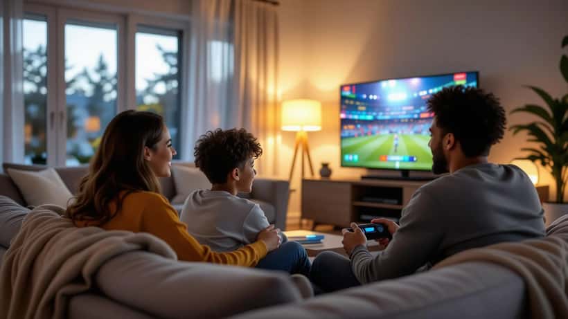 Parent and teenager reviewing parental controls on a TV screen in a Canadian living room
