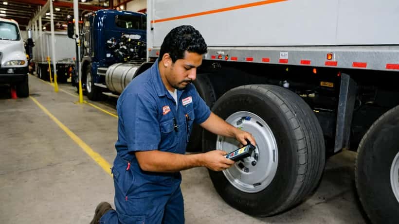 Mecánico latino con escáner OBD-II junto a un camión eléctrico pesado en taller de Texas