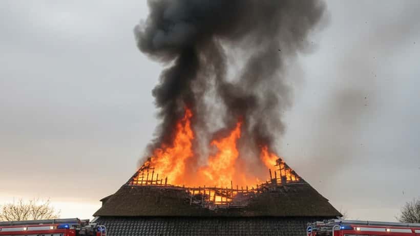 Brand in een 19e-eeuws monument met rieten dak in Heerhugowaard, brandweer aan het werk, Noord-Holland april 2026