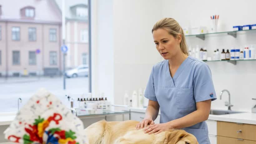 Veterinär undersöker hund på kliniken efter misstänkt chokladförgiftning under påsken 2026