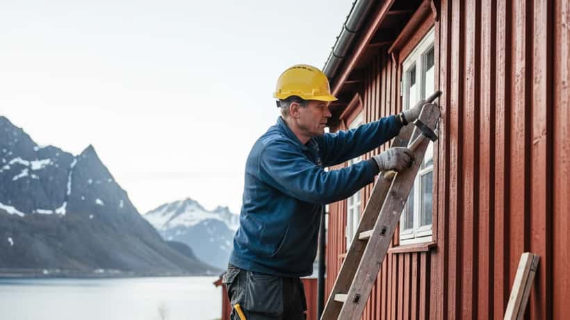 Norsk håndverker inspiserer tak og yttervegger på rød sommerby etter vinter