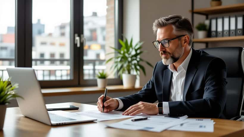 Avocat en droit du travail examinant les clauses d'un contrat d'emploi avec un client dans un bureau à Montréal