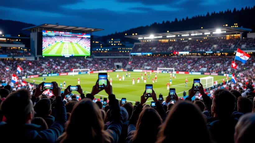 Supporters filmant un écran géant de match avec leurs smartphones dans une fan zone en Suisse la nuit