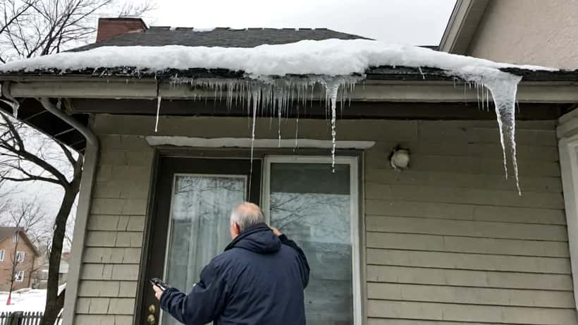 Propriétaire inspectant les dégâts causés par une barrière de glace sur la toiture d'une maison de banlieue après la tempête de neige d'avril 2026