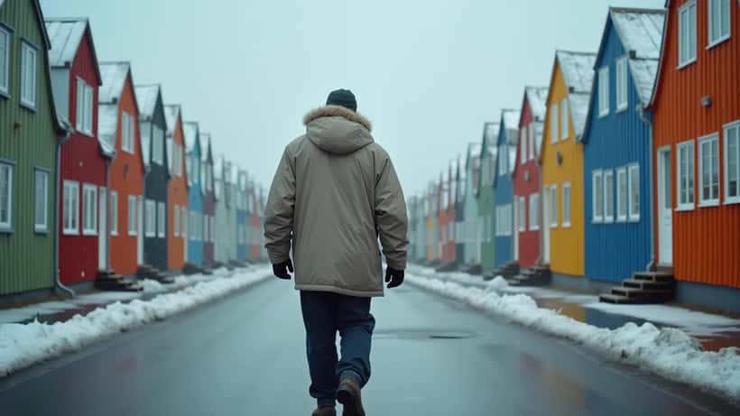 Maður gengur á blautri og ísugri götu í Reykjavík í apríl með slyddu og vetrarveðri