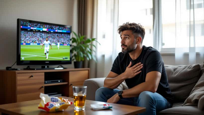 Torcedor brasileiro assistindo Holanda x Marrocos na Copa do Mundo 2026 à noite em apartamento escuro com expressão tensa