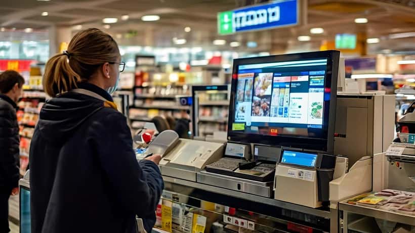 Person scannt Artikel an einer Selbstbedienungskasse im Supermarkt