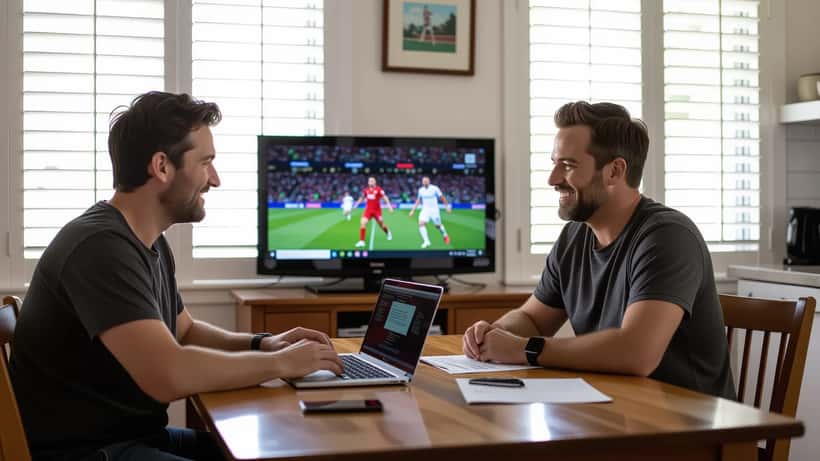 Man reviewing Stan Sport streaming subscription costs on laptop in Sydney home