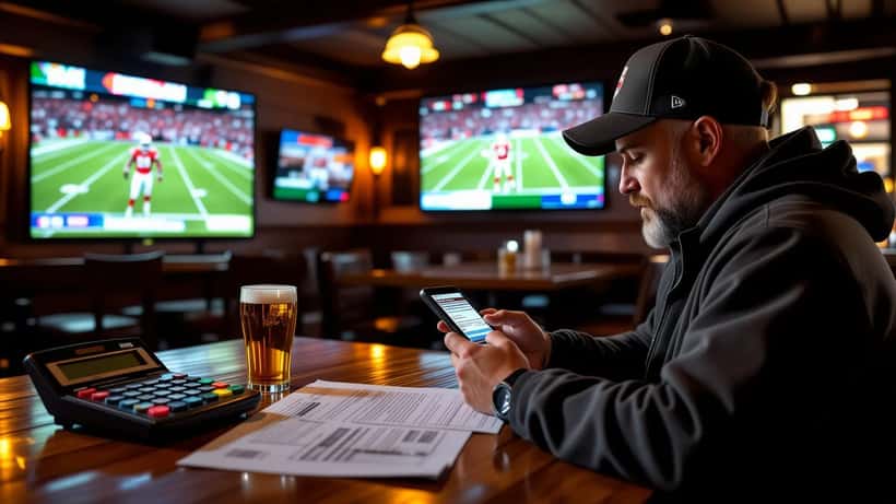 Fan checking a sportsbook app beside a tax form and calculator in a sports bar