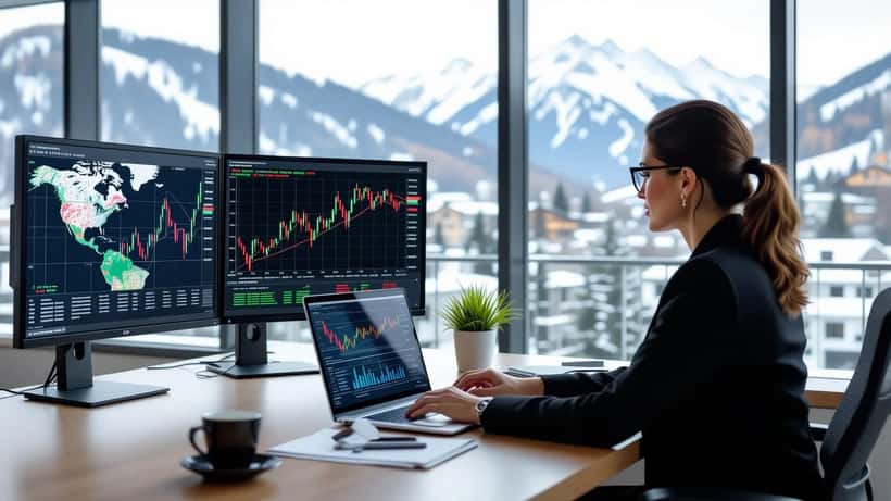 Femme consultant des graphiques de matières premières dans un bureau à Zurich, avec une carte climatique El Niño sur l'écran