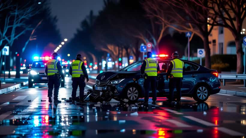 Gendarmes français la nuit entourant un véhicule accidenté après un refus d'obtempérer, gyrophares sur route mouillée