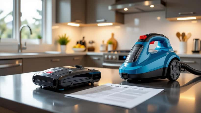 Batterie au lithium gonflée retirée d'un aspirateur sans fil rappelé, posée sur un comptoir de cuisine à côté d'un avis de rappel