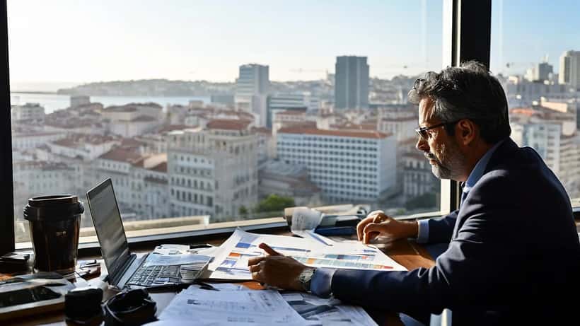 Consultor financeiro a analisar gráfico de preços do petróleo em Lisboa
