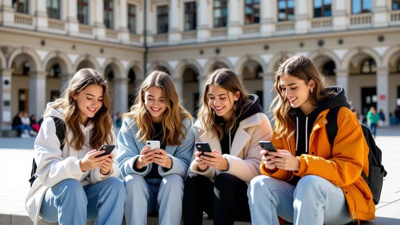 Drei Wiener Jugendliche diskutieren auf dem Schulhof über TikTok und Jugendsprache 2026