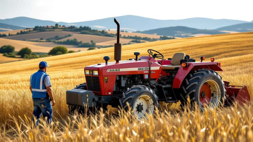 Trattore agricolo ribaltato su un pendio in campo italiano d'estate, ispettore della sicurezza sul lavoro esamina il mezzo