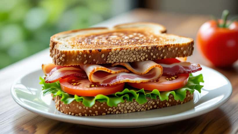 Närbild av en fräsch BLT-macka med bacon, sallad och tomat på fullkornsbröd